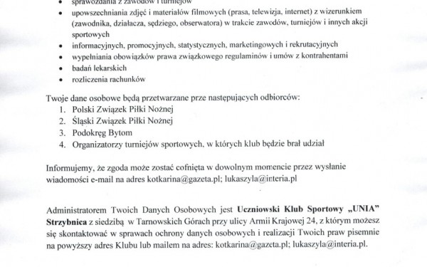 zgoda na przetwarzanie danych UNIA